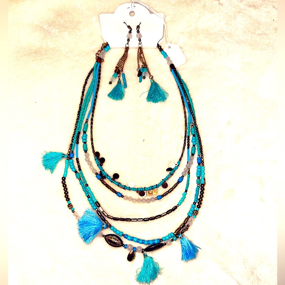 Turquoise and light blue Beaded Necklace Set